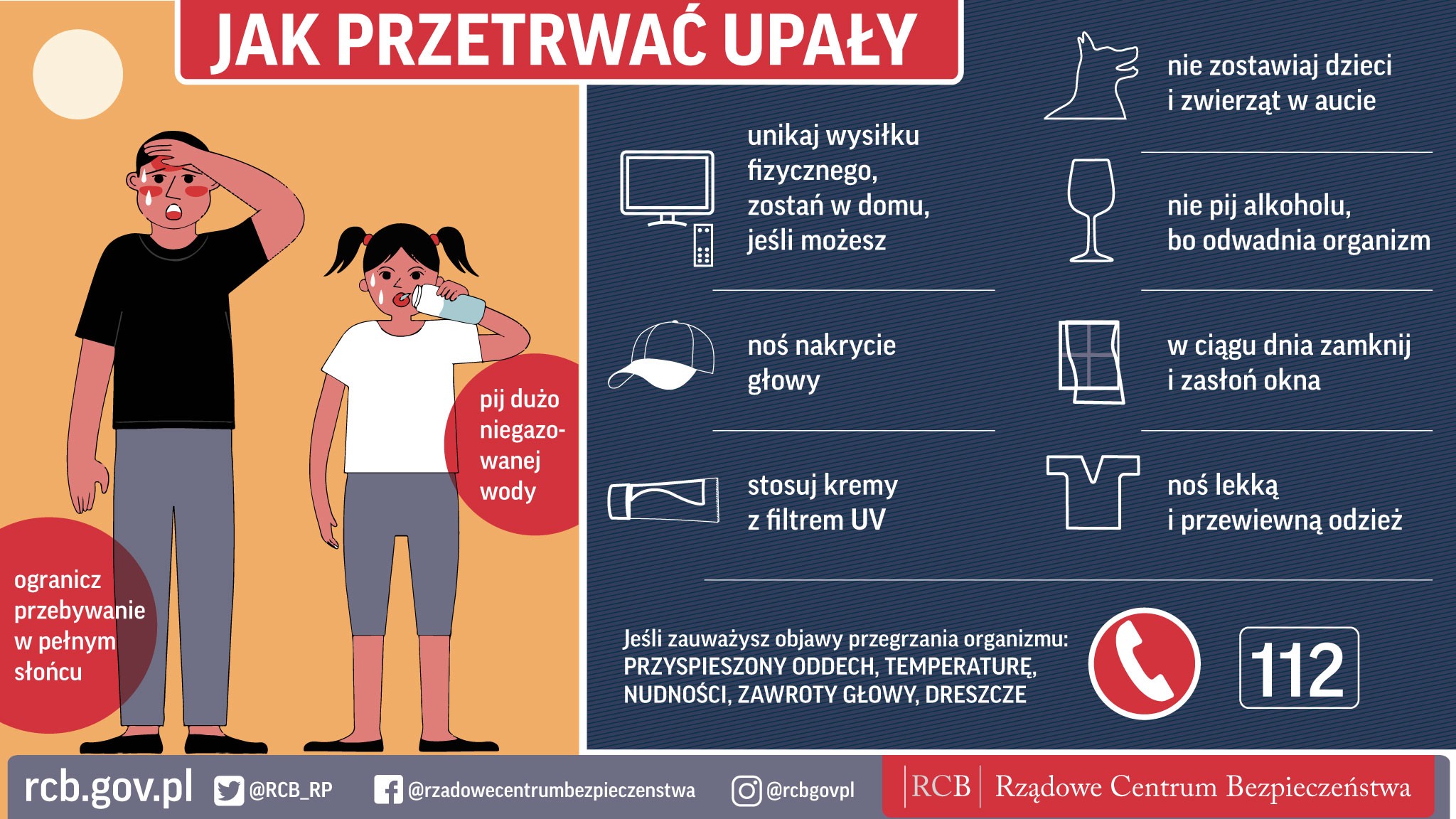 Grafika Rządowego Centrum Bezpieczeństwa z poradami jak przetrwać upał
